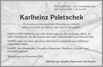 Traueranzeige von Karlheinz Paletschek von Allgäuer Zeitung, Kaufbeuren/Buchloe