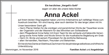 Traueranzeige von Anna Ackel von Memminger Zeitung
