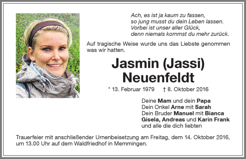  Traueranzeige für Jasmin Neuenfeldt vom 12.10.2016 aus Memminger Zeitung