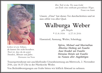 Traueranzeige von Walburga Weber von Der Westallgäuer