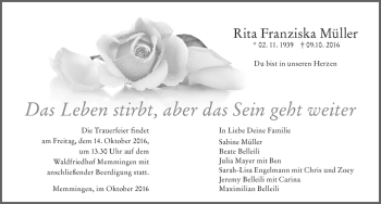 Traueranzeige von Rita Franziska Müller von Memminger Zeitung