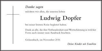 Traueranzeige von Ludwig Dopfer von Der Westallgäuer
