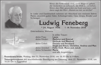 Traueranzeige von Ludwig Feneberg von Allgäuer Zeitung, Kaufbeuren/Buchloe