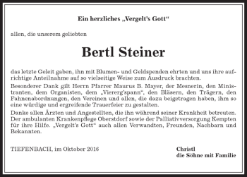 Traueranzeige von Bertl Steiner von Allgäuer Anzeigeblatt