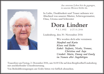 Traueranzeige von Dora Lindner von Der Westallgäuer