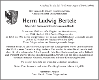 Traueranzeige von Ludwig Bertele von Allgäuer Zeitung, Kaufbeuren/Buchloe