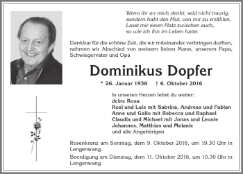 Traueranzeige von Dominikus Dopfer 