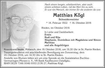 Traueranzeige von Matthias Kögl von Allgäuer Zeitung, Kaufbeuren/Buchloe