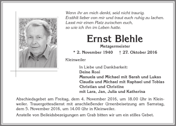 Traueranzeige von Ernst Blehle von Allgäuer Zeitung,Kempten