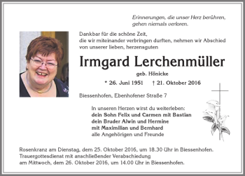 Traueranzeige von Irmgard Lerchenmüller von Allgäuer Zeitung, Marktoberdorf