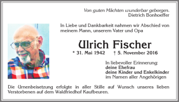Traueranzeige von Ulrich Fischer von Allgäuer Zeitung, Kaufbeuren/Buchloe