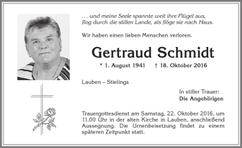 Traueranzeige von Gertraud Schmidt von Allgäuer Zeitung,Kempten