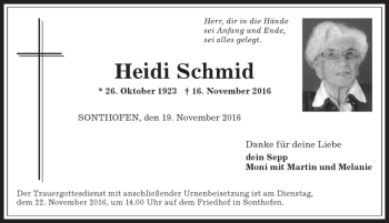 Traueranzeige von Heidi Schmid von Allgäuer Anzeigeblatt