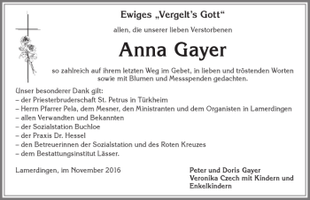 Traueranzeige von Anna Gayer von Allgäuer Zeitung, Kaufbeuren/Buchloe