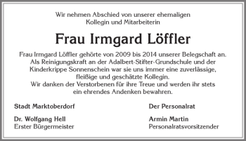 Traueranzeige von Irmgard Löffler von Allgäuer Zeitung, Marktoberdorf