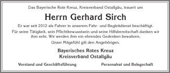 Traueranzeige von Gerhard Sirch von Allgäuer Zeitung, Kaufbeuren/Buchloe