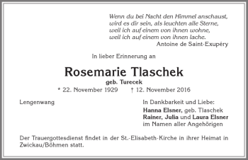 Traueranzeige von Rosemarie Tlaschek von Allgäuer Zeitung, Marktoberdorf