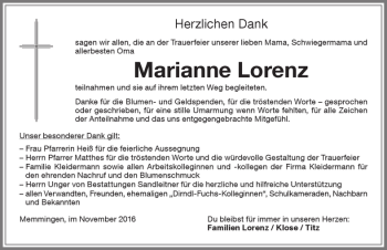 Traueranzeige von Marianne Lorenz von Memminger Zeitung