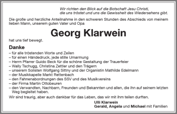 Traueranzeige von Georg Klarwein von Memminger Zeitung