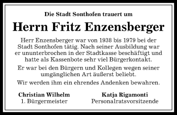 Traueranzeige von Fritz Enzensberger von Allgäuer Anzeigeblatt