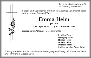 Traueranzeige von Emma Heim von Allgäuer Zeitung