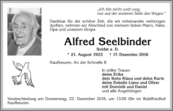 Traueranzeige von Alfred Seelbinder von Allgäuer Zeitung, Kaufbeuren/Buchloe
