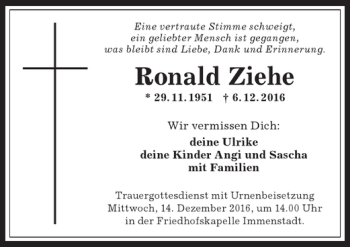 Traueranzeige von Ronald Ziehe von Allgäuer Anzeigeblatt