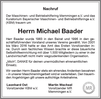 Traueranzeige von Michael Baader von Memminger Zeitung