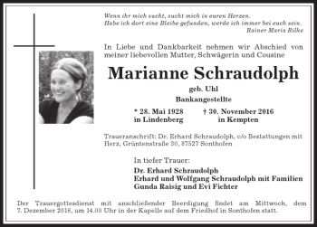 Traueranzeige von Marianne Schraudolph von Allgäuer Anzeigeblatt