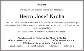 Traueranzeige von Josef Kroha von Allgäuer Zeitung, Marktoberdorf