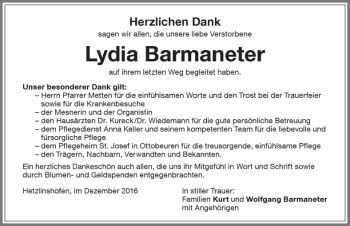 Traueranzeige von Lydia Barmaneter von Memminger Zeitung