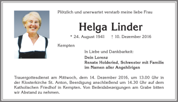 Traueranzeige von Helga Linder von Allgäuer Zeitung,Kempten