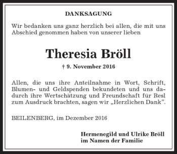 Traueranzeige von Theresia Bröll von Allgäuer Anzeigeblatt