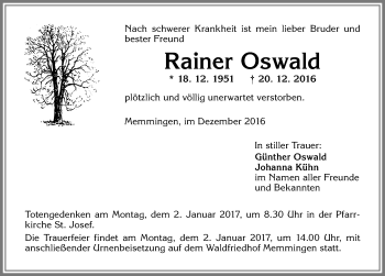 Traueranzeige von Rainer Oswald von Memminger Zeitung