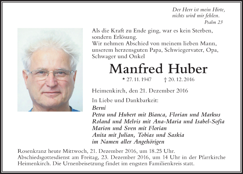  Traueranzeige für Manfred Huber vom 21.12.2016 aus Der Westallgäuer