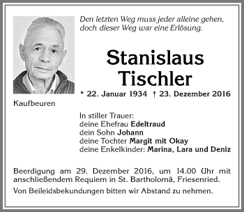 Traueranzeige von Stanislaus Tischler von Allgäuer Zeitung, Kaufbeuren/Buchloe