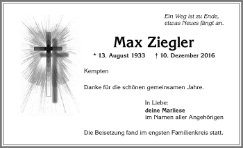 Traueranzeige von Max Ziegler von Allgäuer Zeitung,Kempten