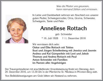 Traueranzeige von Anneliese Rottach von Allgäuer Zeitung, Füssen