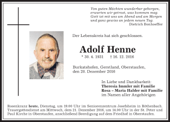 Traueranzeige von Adolf Henne von Allgäuer Zeitung