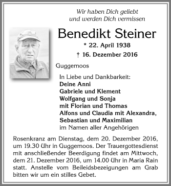Traueranzeige von Benedikt Steiner von Allgäuer Zeitung,Kempten