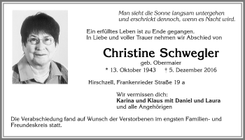 Traueranzeige von Christine Schwegler von Allgäuer Zeitung, Kaufbeuren/Buchloe