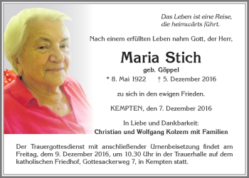 Traueranzeige von Maria Stich von Allgäuer Zeitung,Kempten