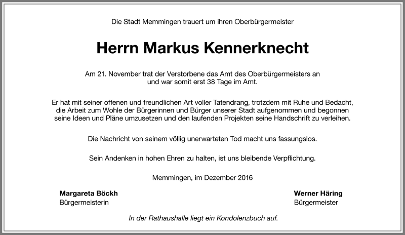  Traueranzeige für Markus Kennerknecht vom 31.12.2016 aus Memminger Zeitung