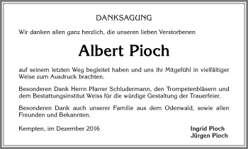 Traueranzeige von Albert Pioch von Allgäuer Zeitung,Kempten
