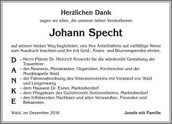Traueranzeige von Johann Specht von Allgäuer Zeitung, Marktoberdorf