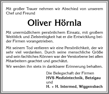 Traueranzeige von Oliver Hörnla von Allgäuer Zeitung,Kempten