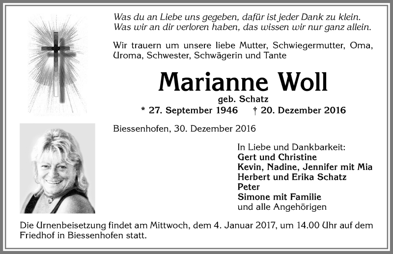  Traueranzeige für Marianne Woll vom 30.12.2016 aus Allgäuer Zeitung, Marktoberdorf