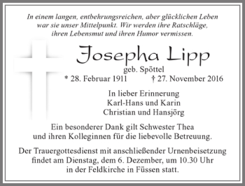 Traueranzeige von Josepha Lipp von Allgäuer Zeitung, Füssen