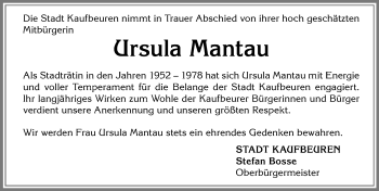 Traueranzeige von Ursula Mantau von Allgäuer Zeitung, Kaufbeuren/Buchloe