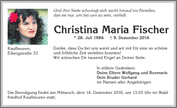 Traueranzeige von Christina Maria Fischer von Allgäuer Zeitung, Kaufbeuren/Buchloe